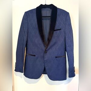 Ron Tomson LA Navy Blue Damask Jacquard Tuxedo Blazer Velvet Shawl Lapel
